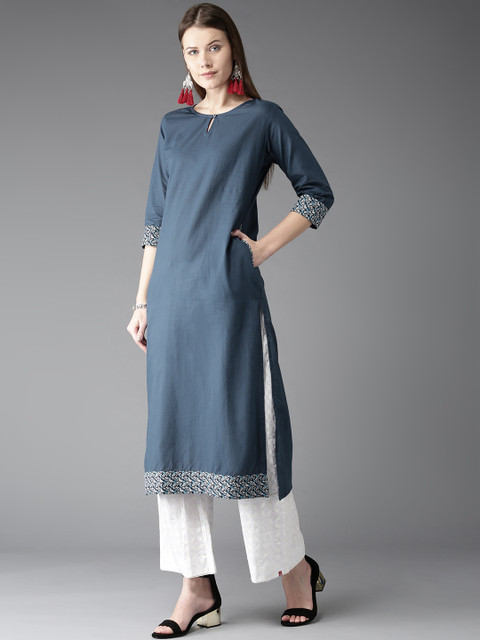 

HERE&NOW Women Navy Blue Solid Straight Kurta