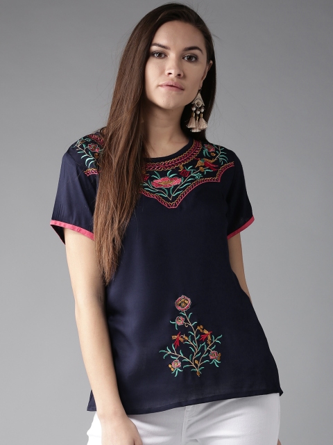 

HERE&NOW Women Navy Embroidered Top, Navy blue