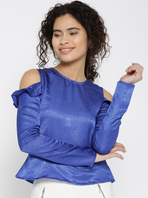 

HERE&NOW Women Blue Self-Design Cold Shoulder Top