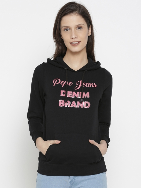 

Pepe Jeans Women Black Printed Hooded Sweatshirt