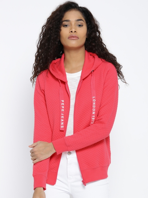

Pepe Jeans Women Coral Pink Solid Hooded Quilted Jacket