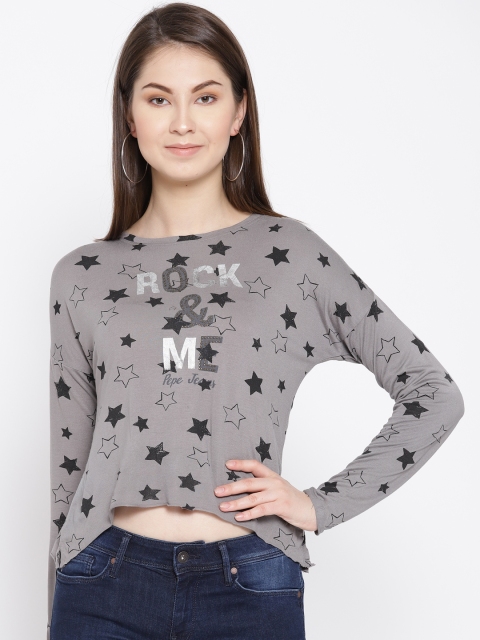 

Pepe Jeans Women Charcoal Grey & Black Printed Round Neck T-shirt