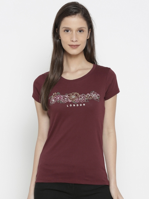 

Pepe Jeans Women Burgundy Printed Round Neck T-Shirt