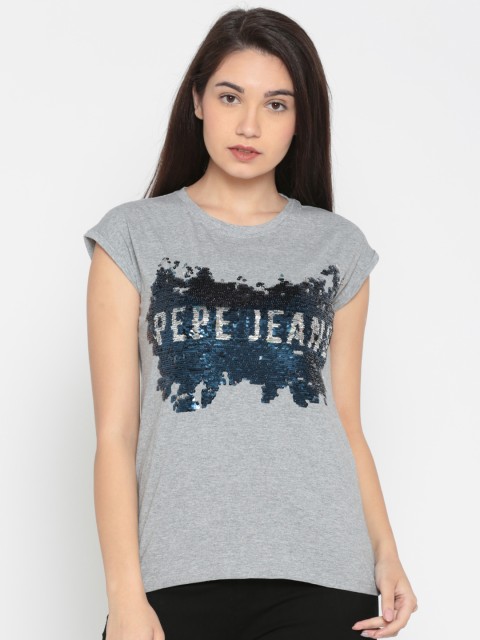 

Pepe Jeans Women Grey Self-Design Round Neck T-Shirt