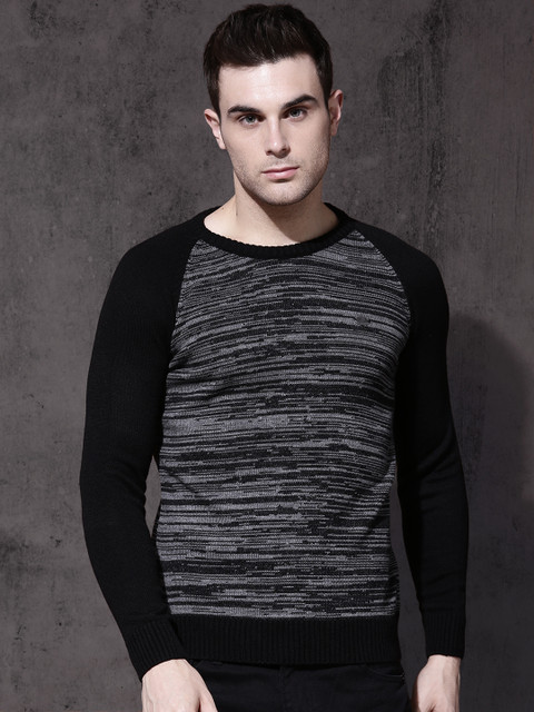

Roadster Men Black & Grey Melange Self-Design Sweater