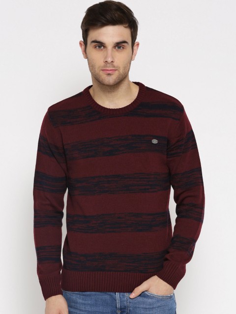 

Roadster Men Maroon & Navy Blue Striped Sweater