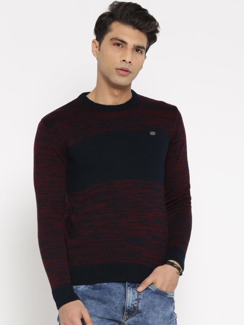 

Roadster Men Maroon & Navy Blue Self Design Sweater