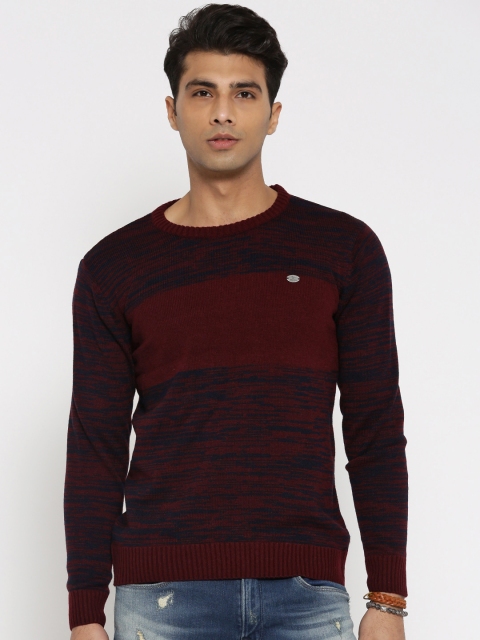 

Roadster Men Maroon & Navy Blue Self Design Sweater