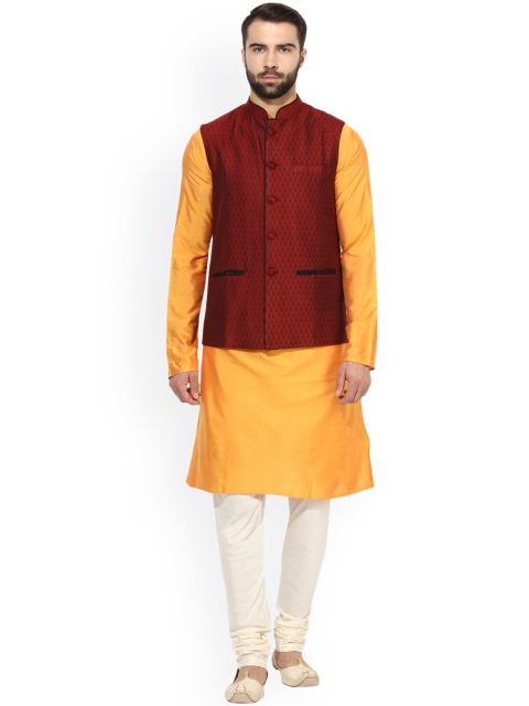 

KISAH Men Yellow Self Design Kurta with Churidar & Nehru Jacket
