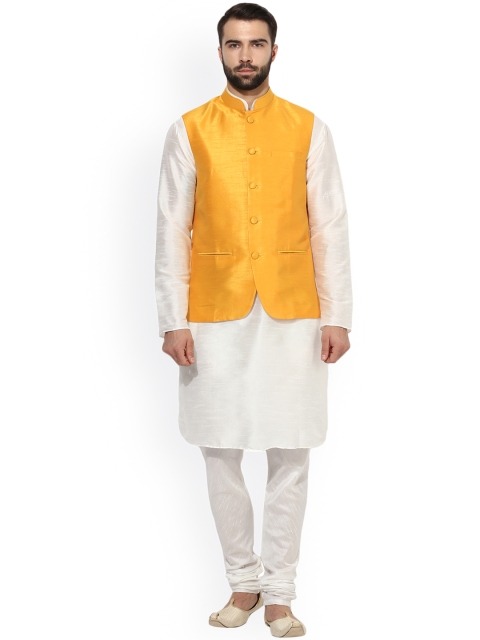 

KISAH Men White Self Design Kurta with Churidar & Nehru Jacket