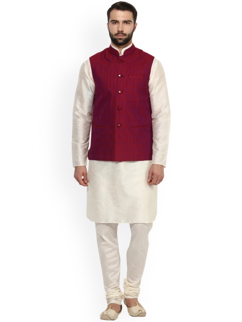 

KISAH Men Off-White Self Design Kurta with Churidar & Nehru Jacket