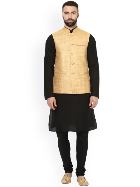 

KISAH Men Black Self Design Kurta with Churidar & Nehru Jacket