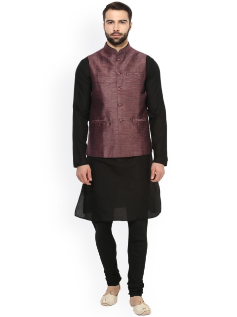 

KISAH Men Black Self Design Kurta with Churidar & Nehru Jacket