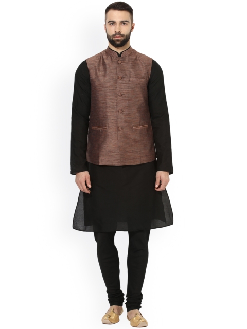 

KISAH Men Black Self Design Kurta with Churidar & Nehru Jacket