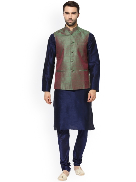 

KISAH Men Navy Blue & Purple Self Design Kurta with Churidar & Nehru Jacket