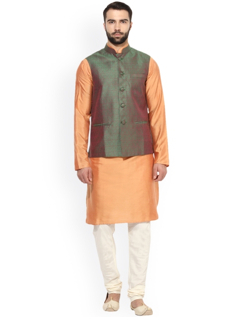 

KISAH Men Peach-Coloured & Green Self Design Kurta with Churidar & Nehru Jacket