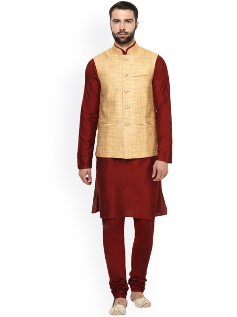 

KISAH Men Maroon Self Design Kurta with Churidar & Nehru Jacket