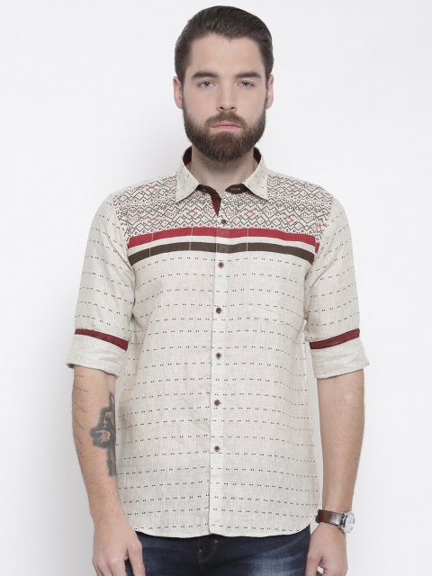 

Louis Park Men Beige & Brown Linen Tailored Fit Printed Casual Shirt