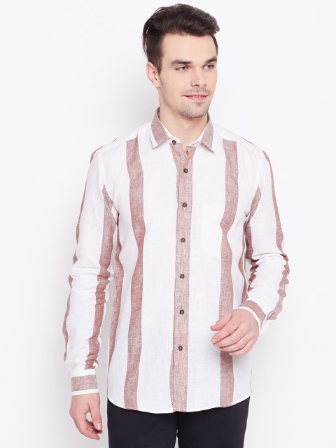 

Louis Park Men Off-White & Brown Regular Fit Linen Striped Casual Shirt