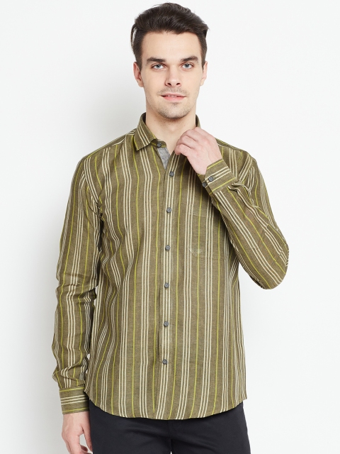 

Louis Park Men Olive Green Tailored Fit Striped Casual Shirt
