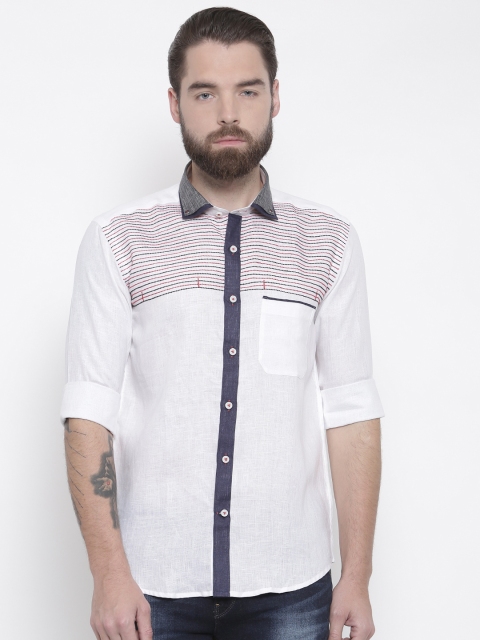 

Louis Park Men Off-White & Blue Linen Tailored Fit Striped Casual Shirt