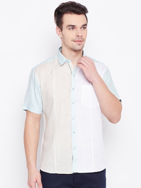 

Louis Park Men Beige & Sea Green Regular Fit Colourblocked Casual Shirt