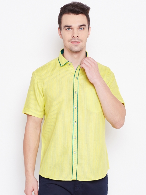 

Louis Park Men Yellow & Green Linen Striped Smart Casual Shirt