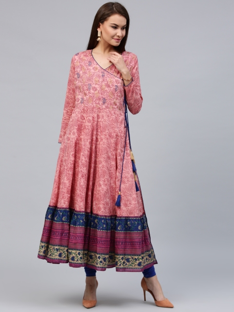 

Jaipur Kurti Women Pink & Navy Blue Printed Angrakha Style Anarkali Kurta