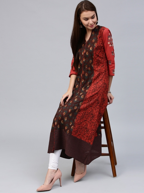 

Jaipur Kurti Women Coral Red & Brown Printed A-Line Kurta