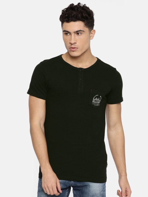 

Jack Jones Men Black Printed Henley Neck Pure Cotton T-shirt