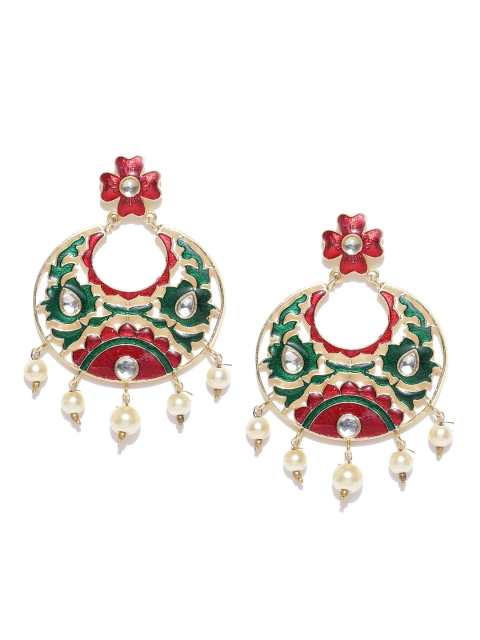 

PANASH Red & Green Gold-Plated Circular Stone-Studded Hand-Painted Chandbalis