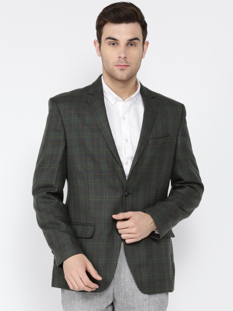 

Park Avenue Olive Green Checked Single-Breasted Casual Blazer
