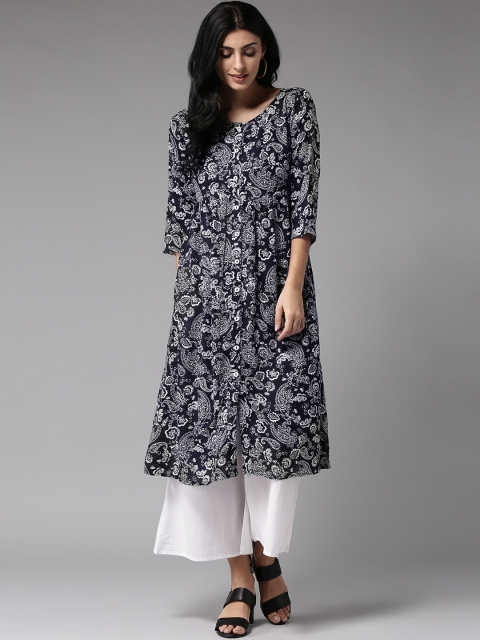 

Moda Rapido Women Navy & White Printed A-Line Kurta, Navy blue