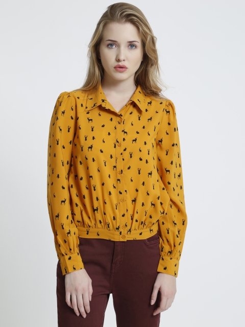 

COVER STORY Women Mustard Yellow Printed Shirt Style Top