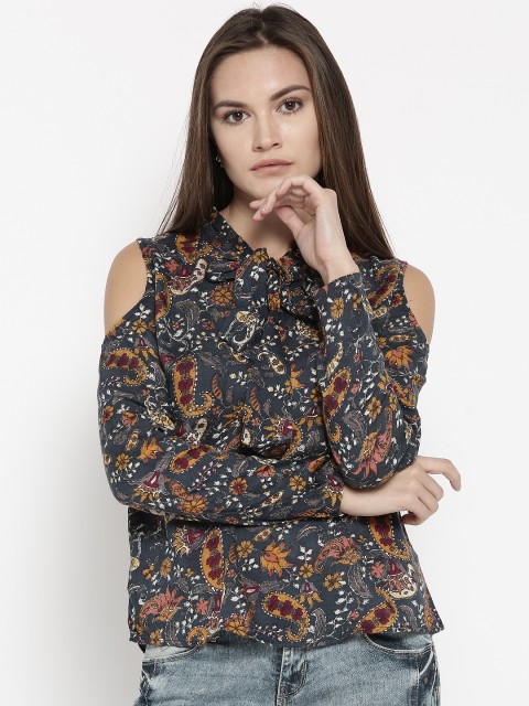 

Pepe Jeans Women Navy Blue Printed Cold-Shoulder Top
