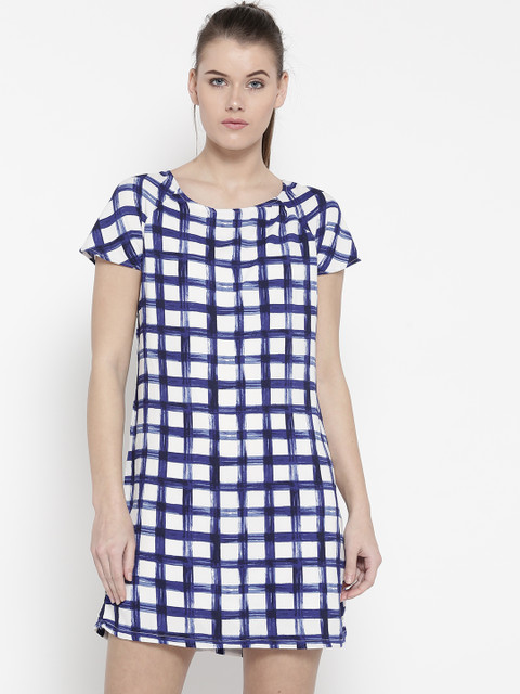

Pepe Jeans Women White & Blue Checked A-Line Dress