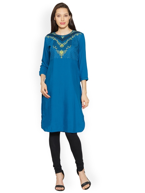 

Kvsfab Women Blue Embroidered Straight Kurta