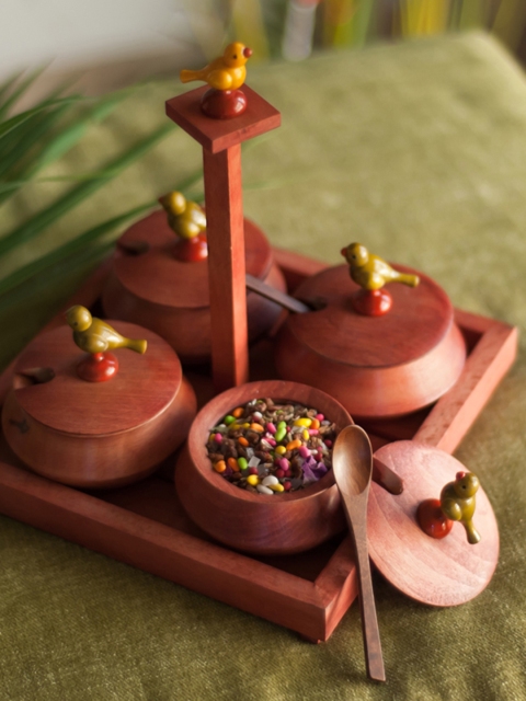 

ExclusiveLane Set of 4 Handcrafted Brown Wooden Parrot Jars