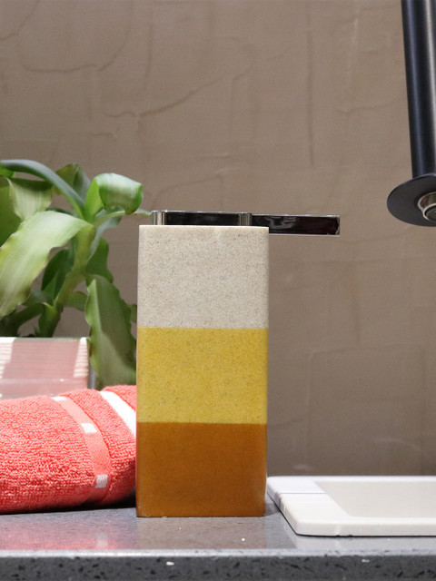 

Shresmo Yellow, Off-White & Brown Colourblocked Liquid Soap Dispenser