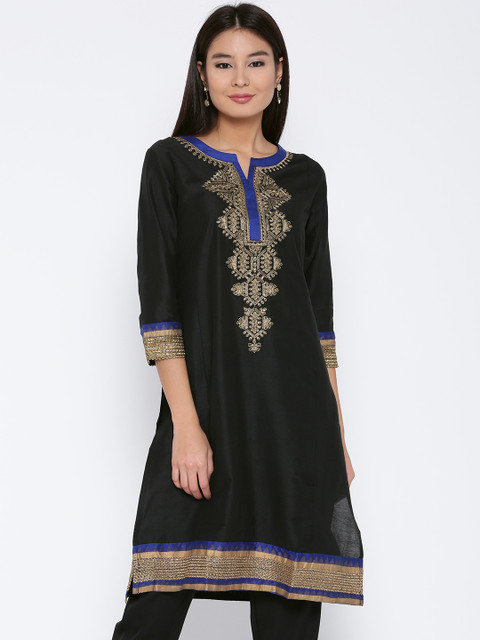 

Jashn Women Black Embroidered Straight Kurta