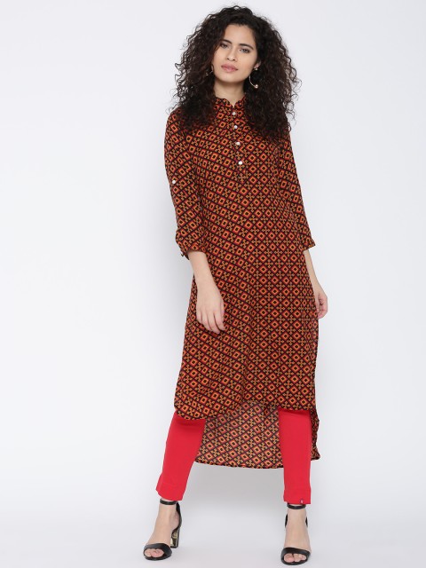 

Jashn Women Black & Yellow Printed Straight Kurta