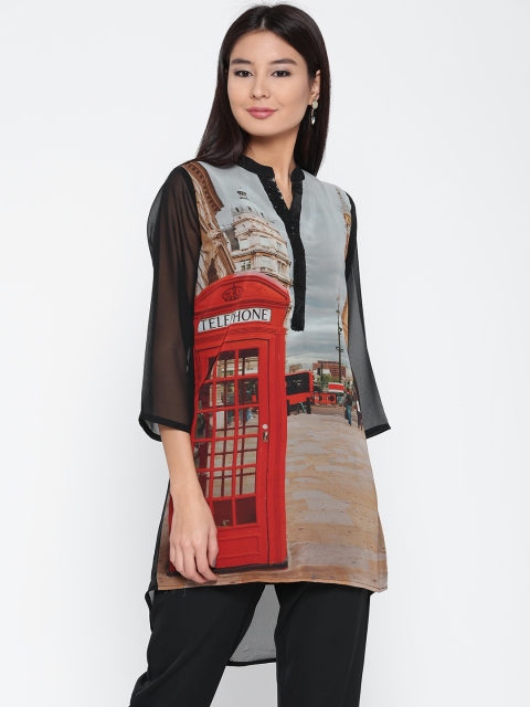 

Jashn Women Black & Grey Quirky Print Georgette A-Line Kurta
