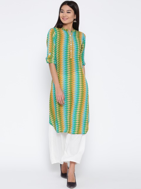 

Jashn Women Blue & Green Printed Crepe Straight Kurta