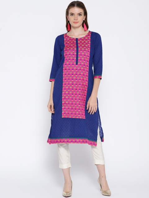 

Jashn Women Blue & Pink Woven Design Brocade Dobby Weave Straight Kurta