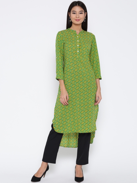 

Jashn Women Green & Yellow Printed Straight Kurta