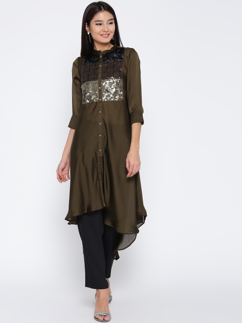 

Jashn Women Olive Green Sequinned A-Line High-Low Kurta