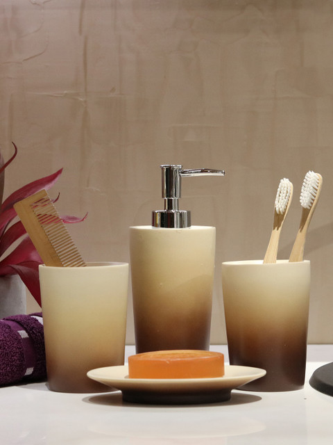 

Shresmo Set of 4 Cream and Brown Printed Bath Accessories