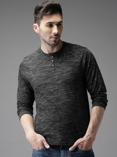 

HERENOW Men Black Solid Henley Neck Pure Cotton T-shirt