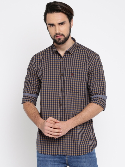 

British Club Men Brown & Blue Slim Fit Checked Casual Shirt