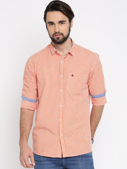 

British Club Men Orange & White Slim Fit Checked Casual Shirt